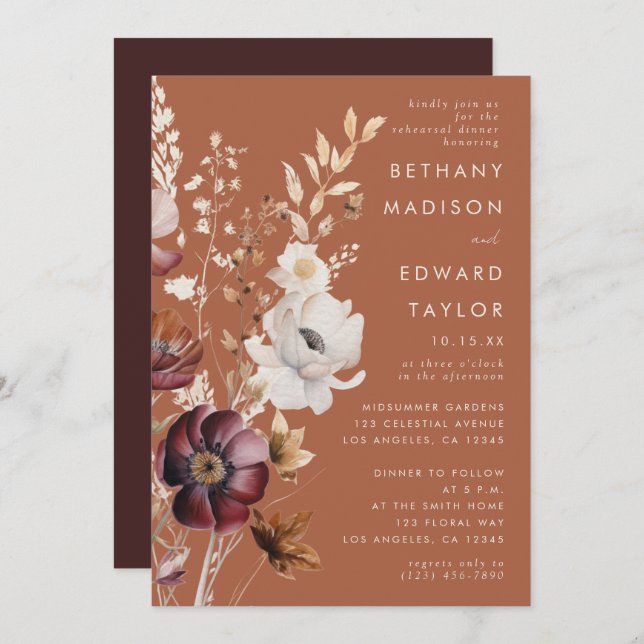 Boho Autumn Wildflower Terracotta Rehearsal Dinner Invitation (Front/Back)