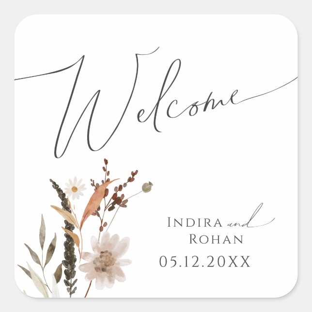 Boho Autumn Wildflower | Wedding Welcome Square Sticker (Front)