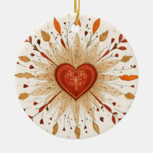 Boho Autumnal Heart Illustration Ceramic Ornament