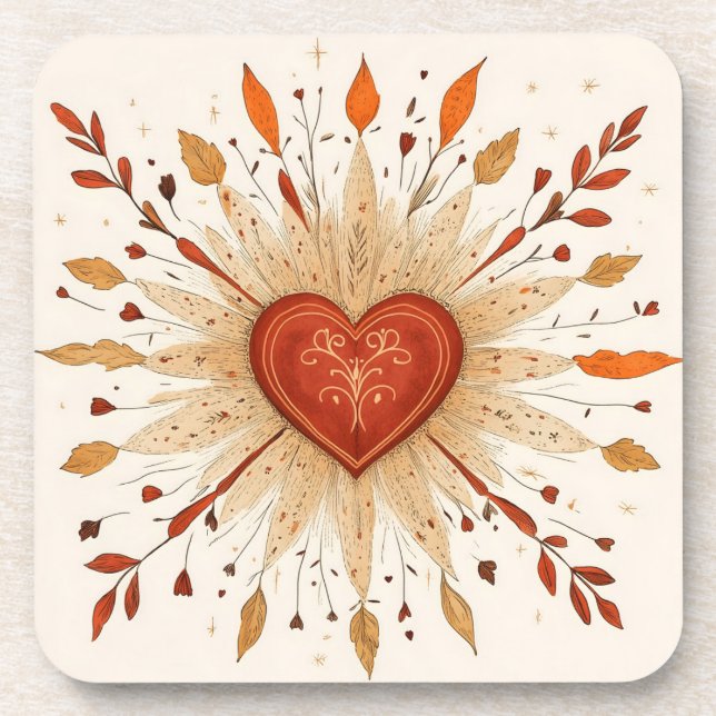 Boho Autumnal Heart Illustration Coaster (Front)
