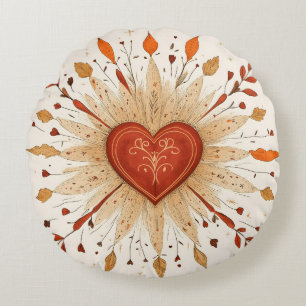 Boho Autumnal Heart Illustration Round Cushion