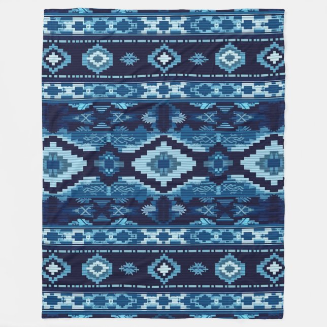 Boho Aztec Blue Knitted Design Fleece Blanket (Front)