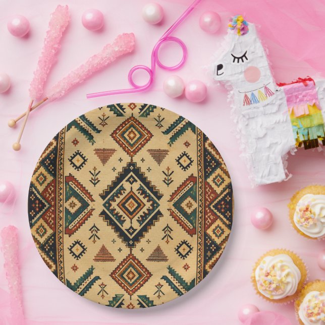 Boho Aztec Tribal Geometric Pattern Round Serving  Paper Plate (Party)