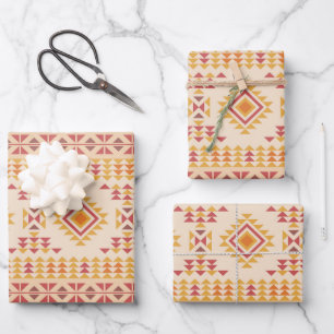 Boho Aztec Tribal Mudcloth in Pink Blush + Orange Wrapping Paper Sheet