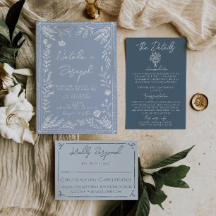 Boho Azure Blue Floral Botanical Modern Wedding Invitation