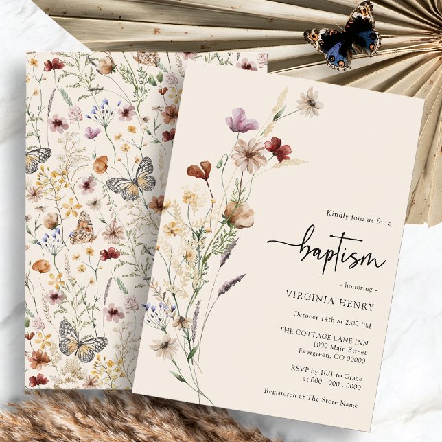 Boho Baby Baptism Invitation (Boho Wildflower Baby Baptism Invitation by Painted Paperie
)