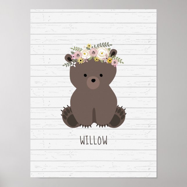 Boho Baby Bear Wood Personalised Nursery Artwork Poster (Front)