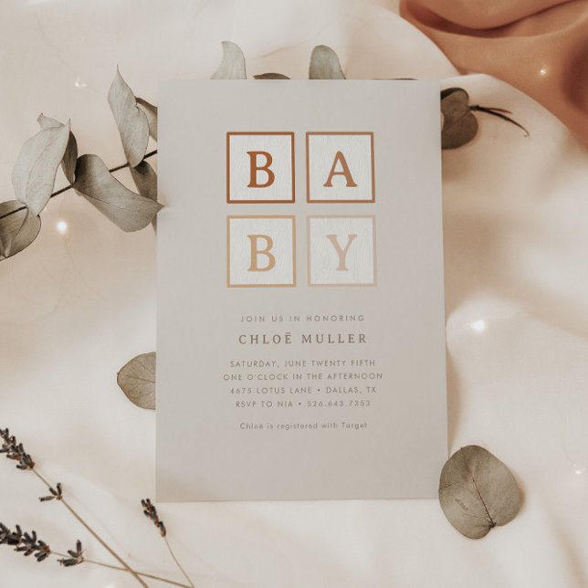 Boho Baby Blocks Simple Modern Terracotta | Invitation (Creator Uploaded)