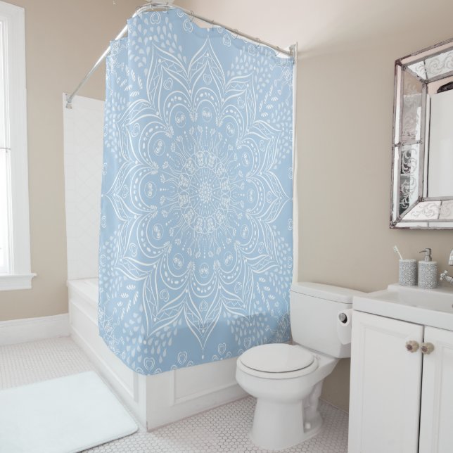 Boho Baby Blue Mandala Shower Curtain (In Situ)