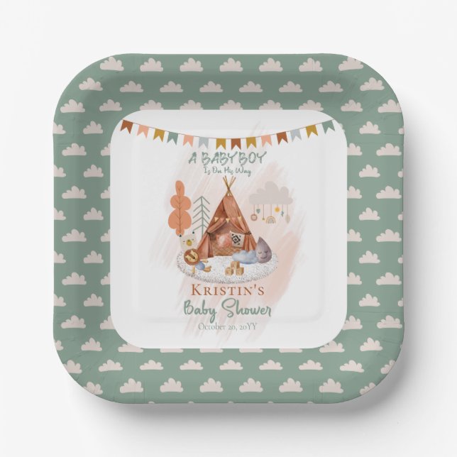 Boho Baby Boy Teepee and Toys Baby Shower  Paper P Plate (Front)