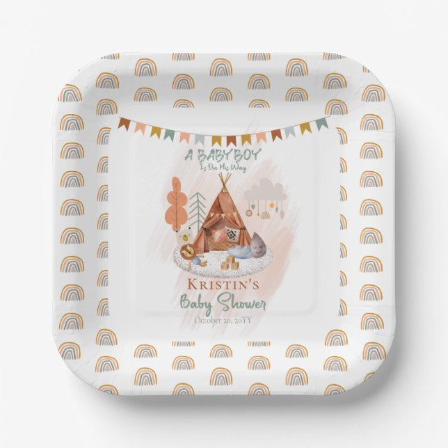 Boho Baby Boy Teepee and Toys Baby Shower  Paper Plate (Front)