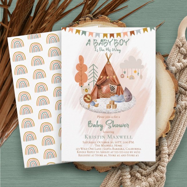 Boho Baby Boy Teepee and Toys Baby Sprinkle Invitation (Creator Uploaded)
