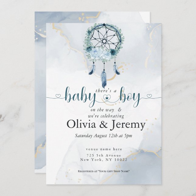 BOHO Baby BoyTeal and Dusty Blue Dreamcatcher Invitation (Front/Back)