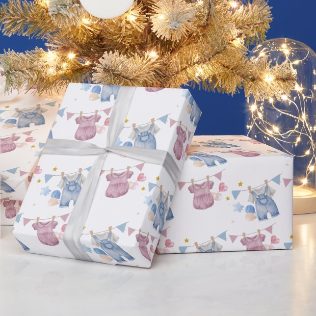 Boho Baby Clotheline Gender Reveal  Wrapping Paper (Holidays)