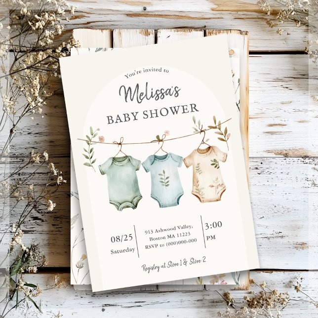 Boho Baby Clothes on a Line Baby Shower  Invitation (Creator Uploaded)