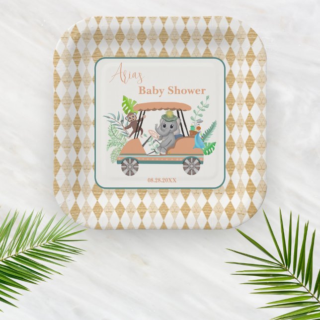 Boho Baby Elephant And Monkey Golf Baby Shower Paper Plate (Creator Uploaded)