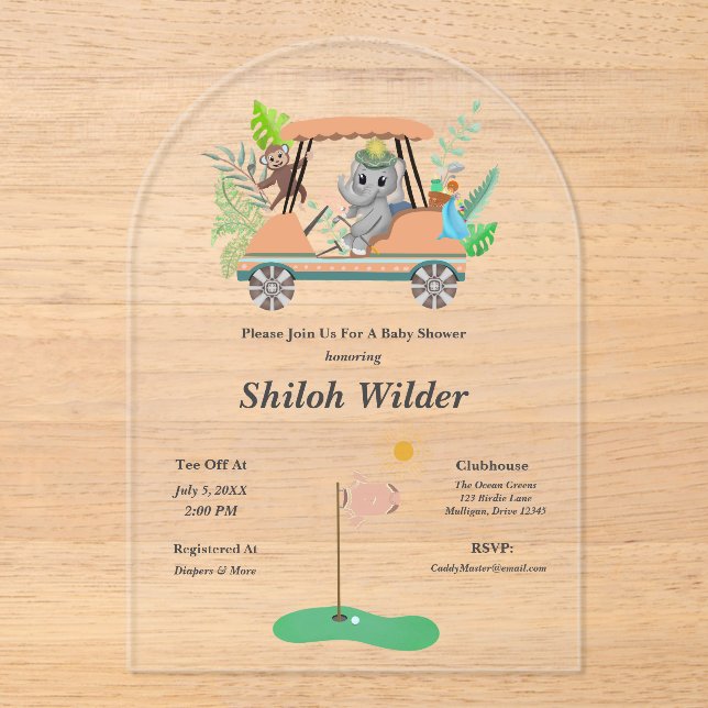 Boho Baby Elephant & Monkey Golf Baby Shower Acrylic Invitations (Front)