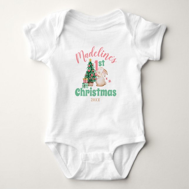 Boho Baby First Christmas with Name Rabbit Tree  Baby Bodysuit (Front)