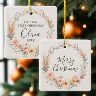 Boho Baby First Merry Christmas Wildflower Ceramic Ornament