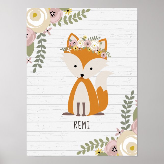 Boho Baby Fox Wood Personalised Nursery Artwork Poster (Front)