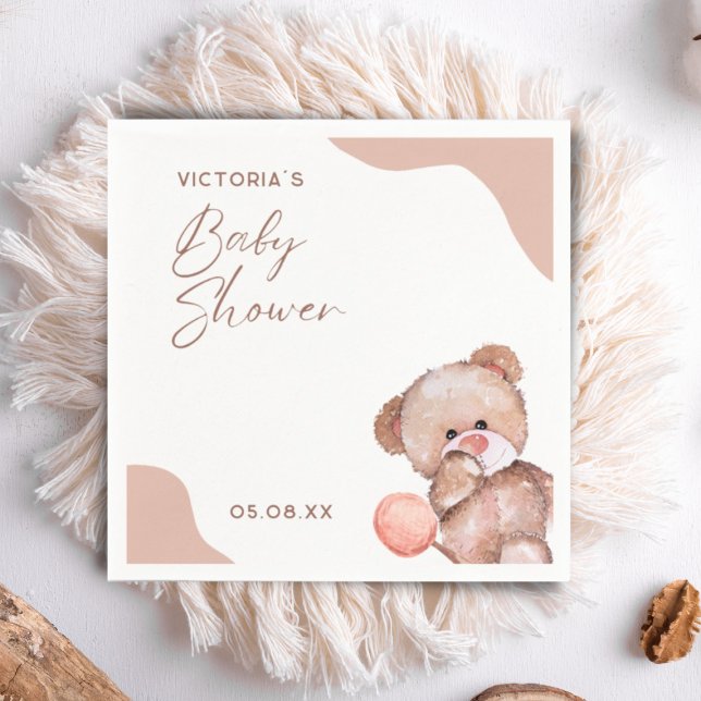 Boho Baby Girl Bear Elegant Baby Shower Cocktail Napkin (Creator Uploaded)