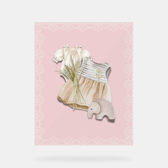 Boho Baby Girl Outfit with Elephant | Pink Nursery Acrylic Sign (Front)