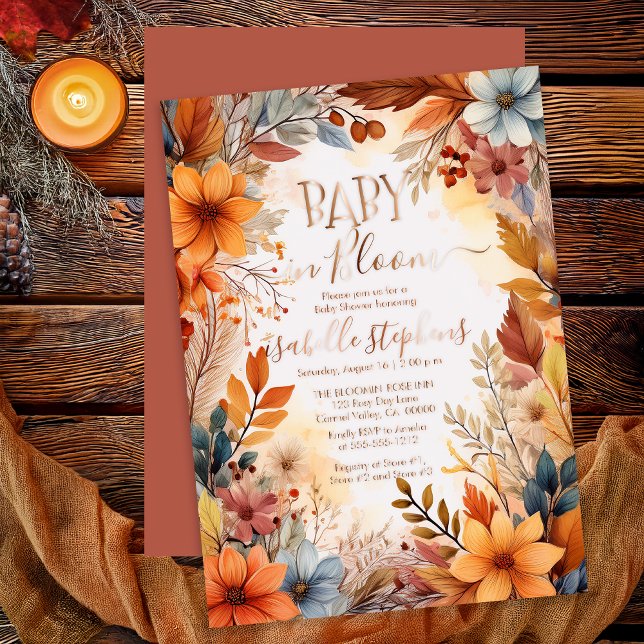 Boho Baby in Bloom Fall Floral Frame Baby Shower (Boho Baby in Bloom Fall | Autumn Floral Baby Shower Rose Gold Foil Invitation)
