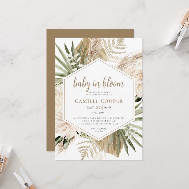 Boho Baby In Bloom Pampas Grass Invitation (Front/Back In Situ)