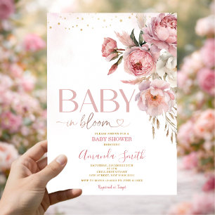 Boho Baby In Bloom Pink Roses Flowers Baby Shower Invitation
