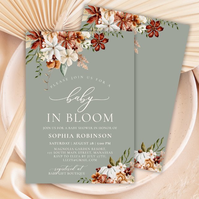 Boho Baby in Bloom Wildflower Green Baby Shower  Invitation (Creator Uploaded)