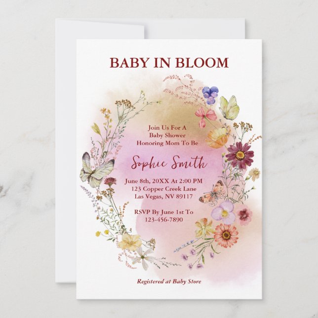 Boho Baby In bloom Wildflower Watercolor Invitation (Front)