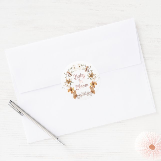Boho Baby In Bloom Wildflowers Baby Shower Classic Round Sticker (Envelope)