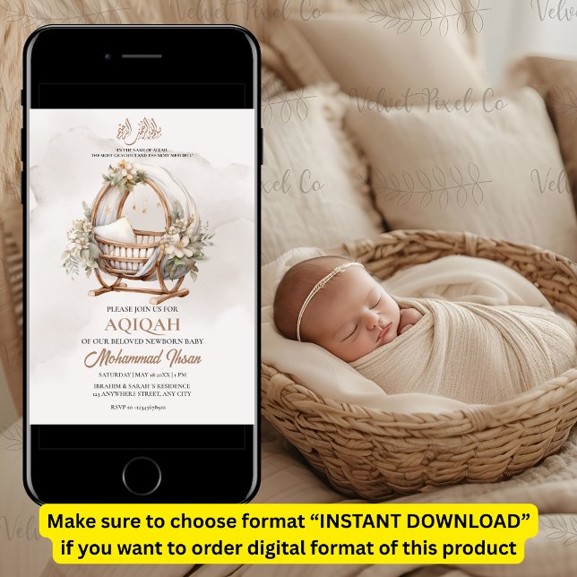 Boho Baby Nursery Aqiqah Unisex Muslim Newborn Invitation (Creator Uploaded)