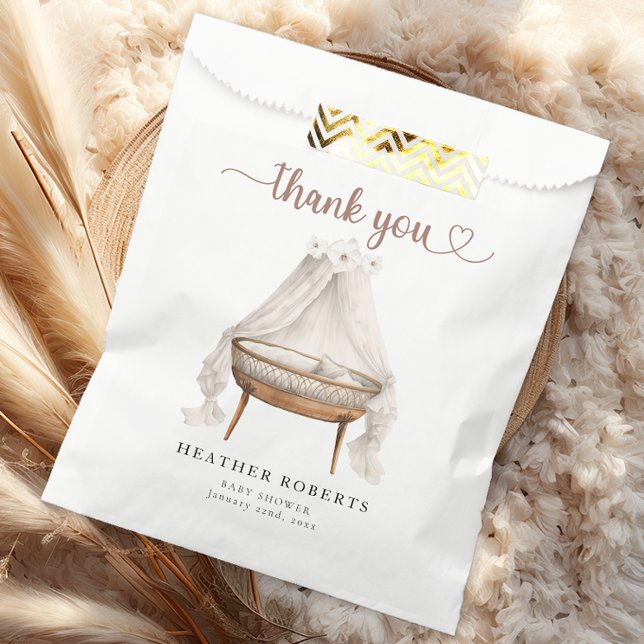 Boho Baby Shower Favour Bag Neutral Thank You (Heart Script Nursery Bassinet Baby Shower Favor Bag)