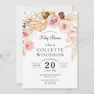 Boho Baby Shower Floral Blush Pink Cream  Invitation