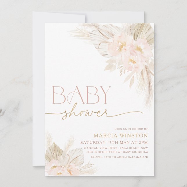 Boho Baby Shower Invitation Floral Light Pink (Front)