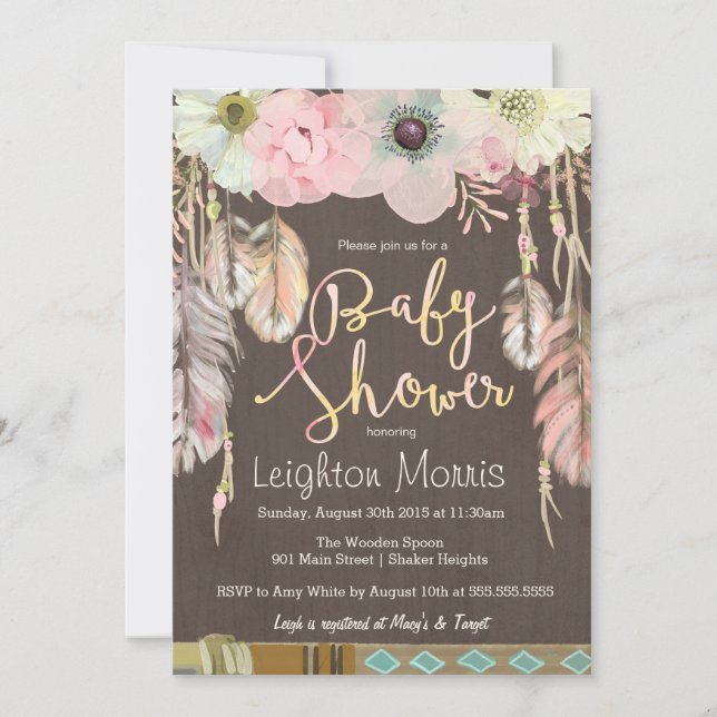 Boho Baby Shower Invitation, Tribal Feather Rustic Invitation (Front)