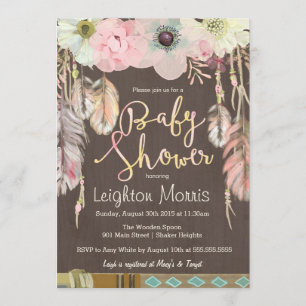 Boho Baby Shower Invitation, Tribal Feather Rustic Invitation