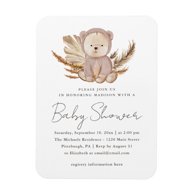 Boho Baby Shower Invitation with Sweet Bear Magnet (Vertical)