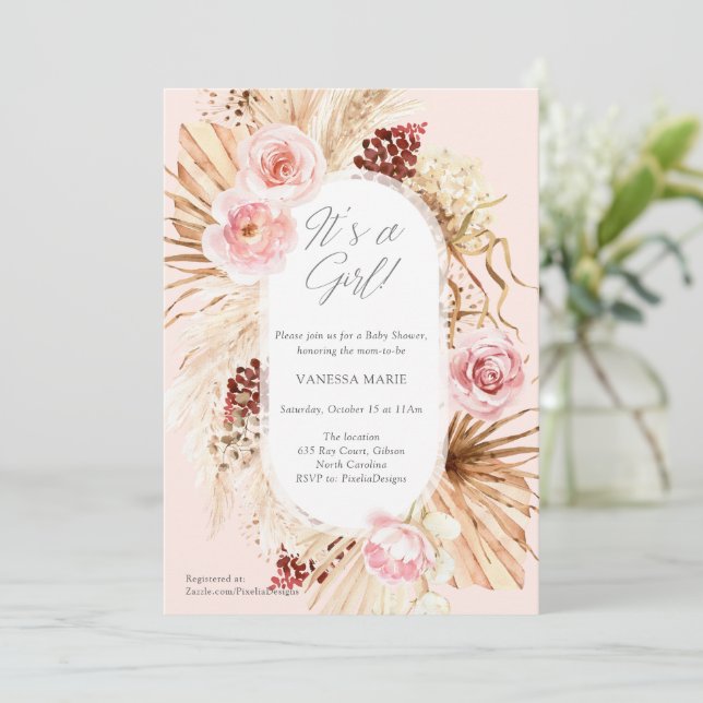 Boho Baby Shower its a Girl pink floral pampas  Invitation (Standing Front)