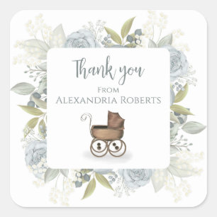 Boho Baby Shower Thank You Floral Vintage Rose Square Sticker
