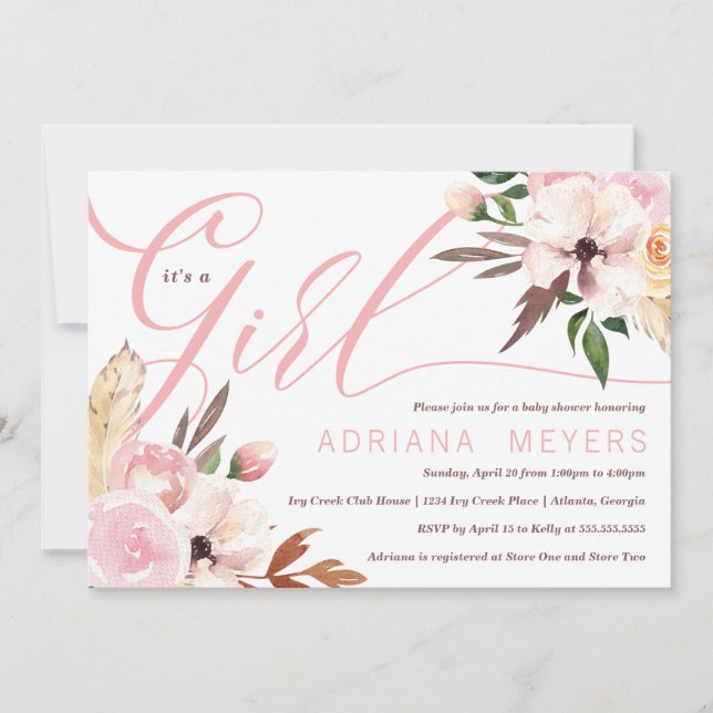 Boho Baby Shower, Watercolor Floral Invitation (Front)