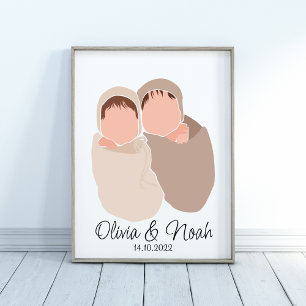 Boho Baby Twins Girl&Boy Name Nursery Poster