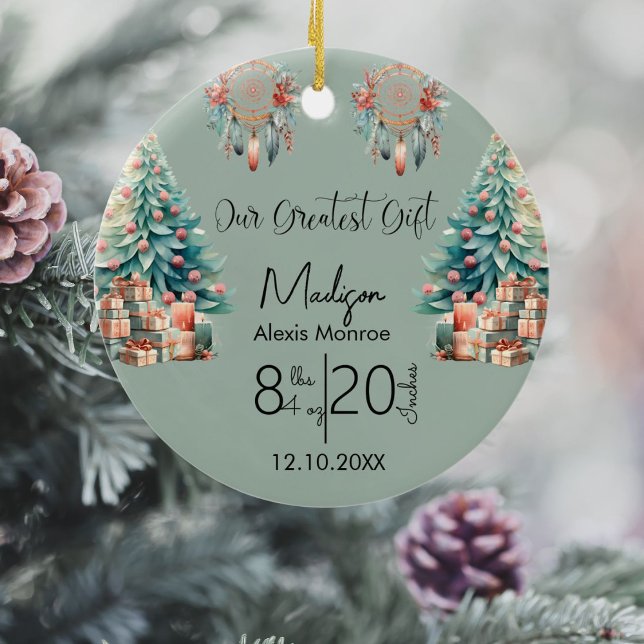 Boho Baby's First Christmas Birth Stat Ceramic Ornament (Creator Uploaded)