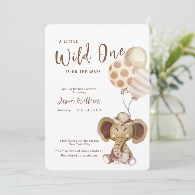 Boho Balloon Safari Elephant Boy Baby Shower  Invitation (Standing Front)
