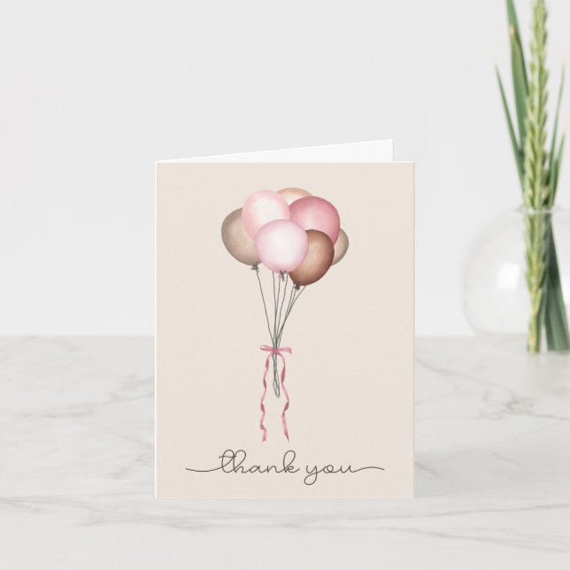 Boho Balloons-Dried Pampas, Pink, Brown, Baby Girl Thank You Card (Front)