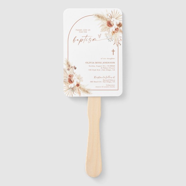 Boho Baptism Hand Fan, Pampas Grass Christening Fan (Front)