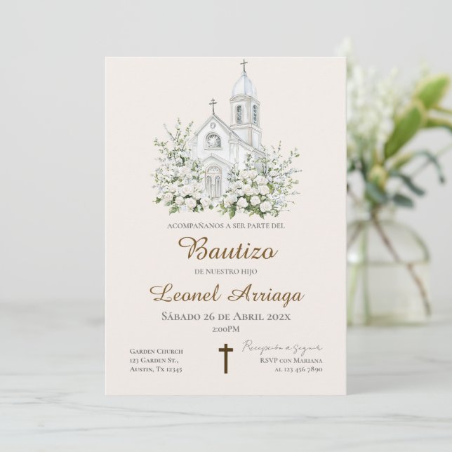 Boho Baptism in Spanish with church Invitation (Standing Front)