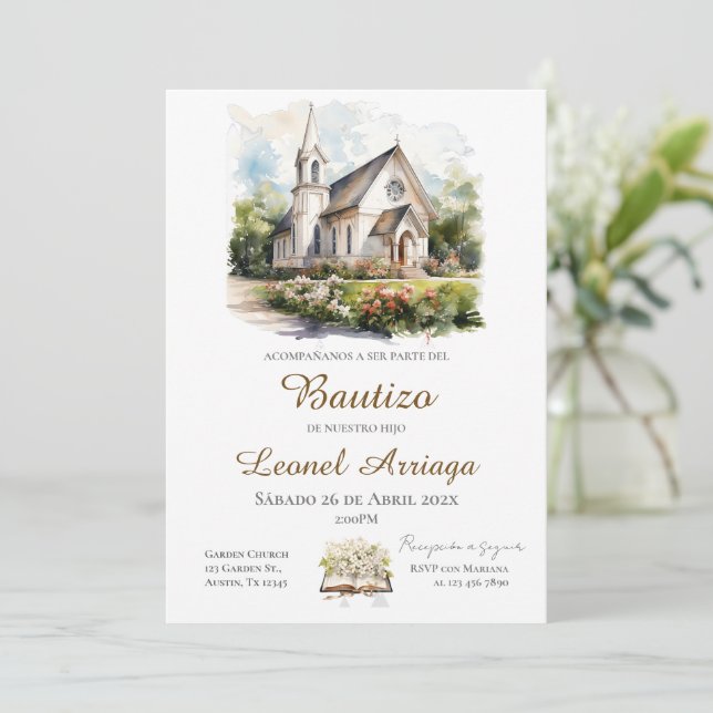 Boho Baptism in Spanish with church  Invitation (Standing Front)