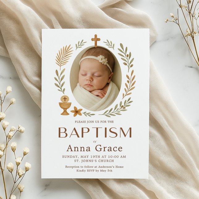 Boho Baptism Invitation for Baby  (Baptism invitation with a peaceful baby and elegant gold cross design)